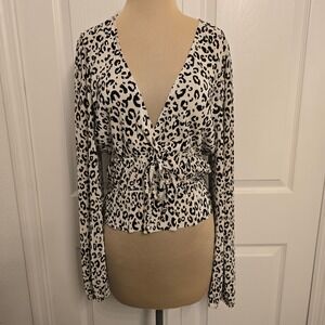 ZARA Leopard Print Pleated Faux Wrap Long Sleeve Peplum Blouse Top Women L cinch